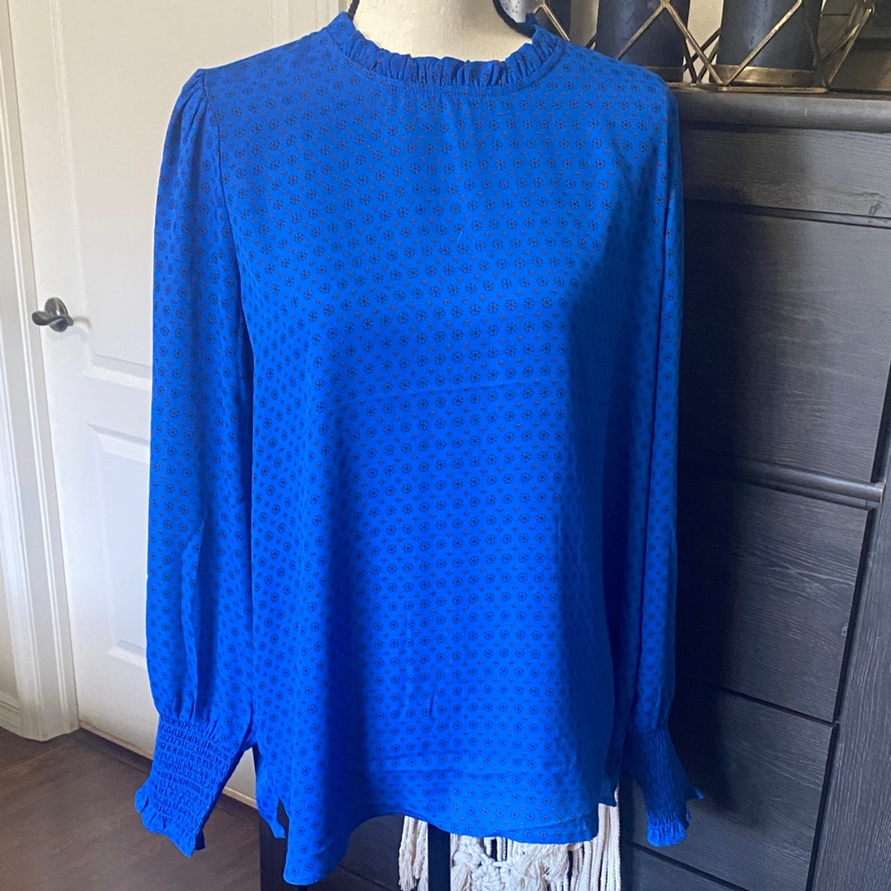 Elegant Blue Blouse with Ruffled Neckline